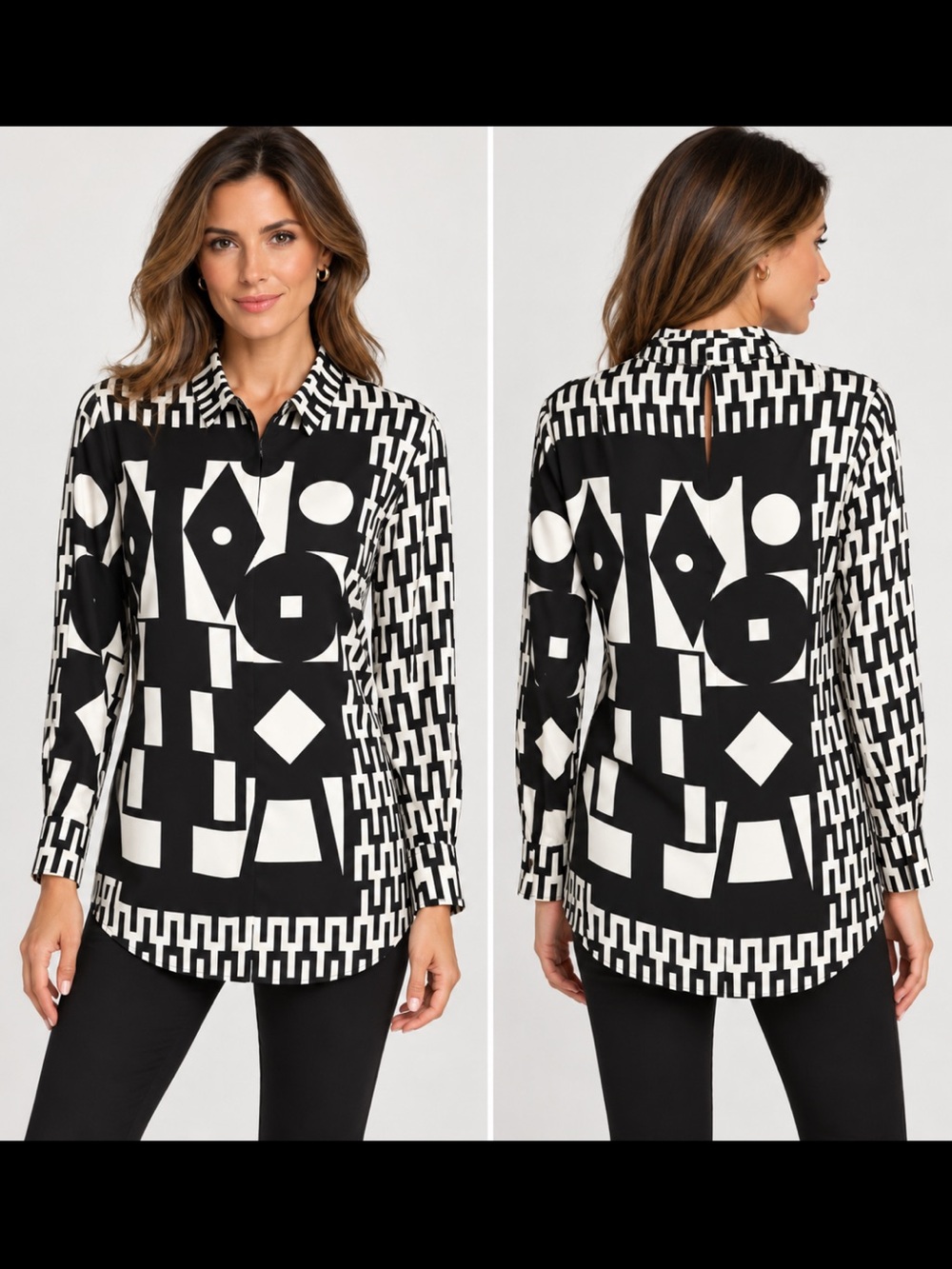 Akris 100% Mulberry Silk Black White Geometric Print Blouse